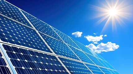 Solar panels under bright sunlight on clear sky