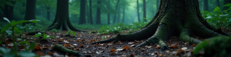 Fototapeta premium Dark wooden tree roots in mysterious forest atmosphere, foliage, earthy tones, shadows