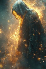 A hooded figure made of flames with glowing runes and magical fire swirling around. Suitable for fantasy character art, posters, or digital backgrounds