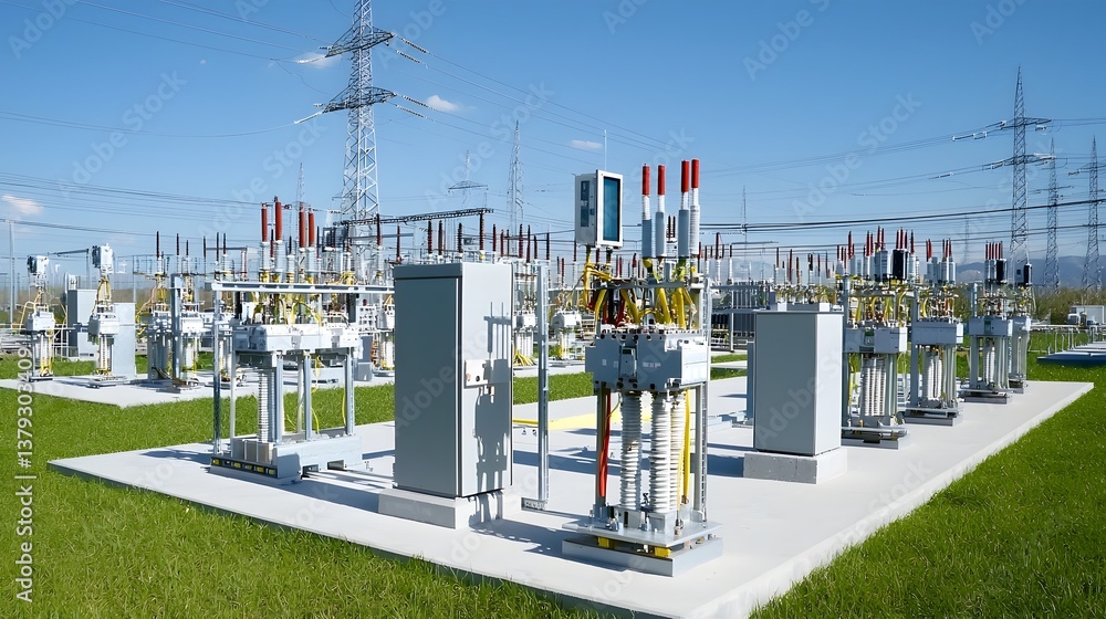 Fototapete an expansive electrical power grid with transformers towers and related infrastructure equipment for