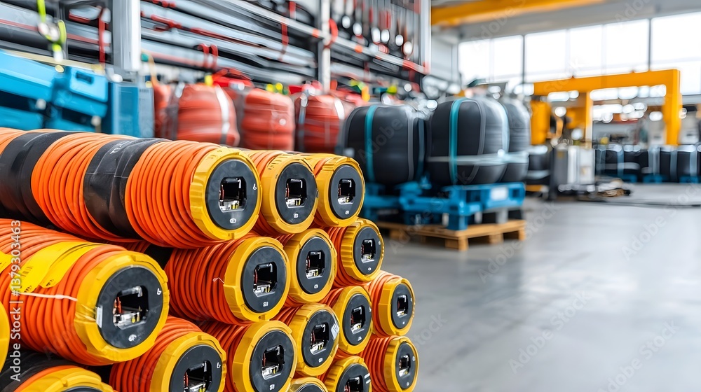 Poster An image showing a collection of various colored electrical cables and spools stored in an organized industrial workshop setting