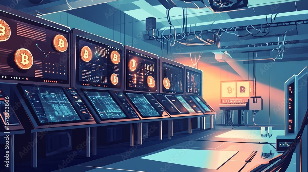 Poster bitcoin mining farm control room: monitoring cryptocurrency transactions