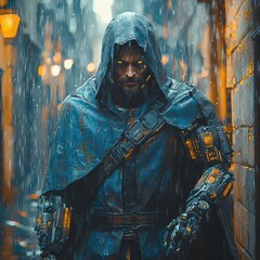A cybernetic rogue in a hooded cloak with glowing tech implants, walking through a rainy neon-lit city. Great for sci-fi posters, dystopian wallpapers, or graphic novel covers