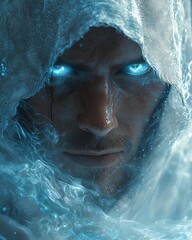 A young sorcerer with intense glowing blue eyes and flowing magical energy, cloaked in mystery. Ideal for fantasy wallpaper, character posters, or dark-themed media