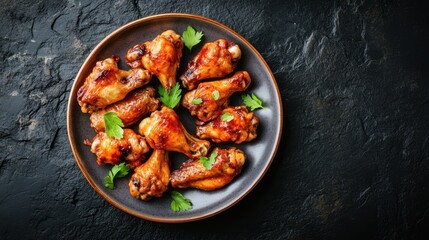 Fototapeta premium Spicy Grilled Chicken Wings with Fresh Parsley Garnish on Rustic Plate