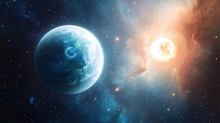 Obraz premium Vibrant Planet in Cosmic Space with Stars and Glowing Nebula