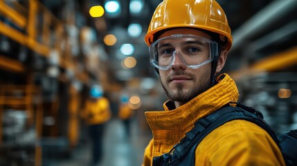 Construction worker in safety gear at warehouse