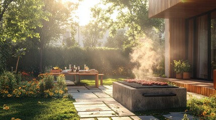Obraz premium Sunlit Backyard Barbecue Gathering with Grilled Food and Relaxing Atmosphere