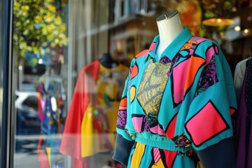 Vintage boutique window showcases vibrant 80s-style outfits featuring bold patterns and reflective materials in a retro pop atmosphere