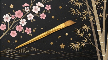 golden brush on black background in japanese style