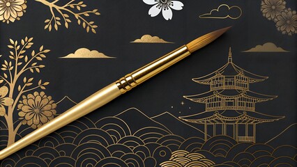 golden brush on black background in japanese style