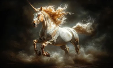 Majestic golden unicorn galloping in smoke with dramatic chiaroscuro lighting