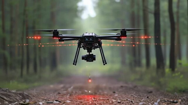 Professional drone equipped with a lidar sensor scanning a forest path, collecting 3d spatial data for mapping and surveying, demonstrating advanced remote sensing technology