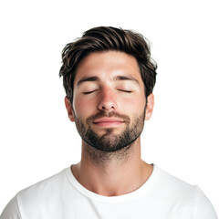 Obraz premium A Man with Calm Expression Eyes Gently Closed and Beard Isolated on Transparent Background