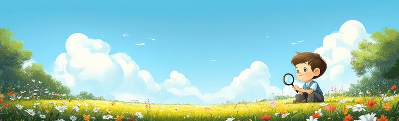 Obraz premium Curious Child Exploring Nature with Magnifying Glass in Bright Meadow