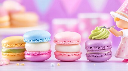 Colorful macarons are delicately frosted in a pastel wonderland with playful, miniature figures