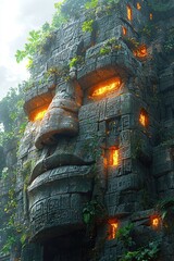 A mysterious stone face built into a temple wall, with glowing eyes and ancient carvings around it, hidden in the misty forest