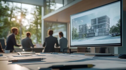 Architects reviewing building plans during a collaborative work session