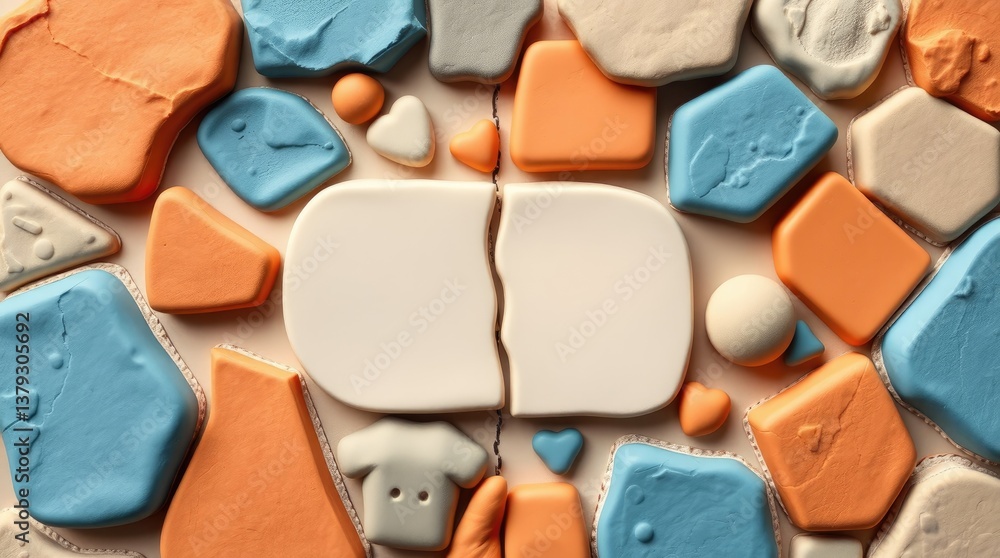 Poster colorful irregularly shaped items arranged in a neat and pleasing pattern