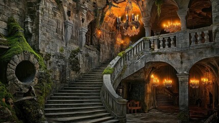 Naklejka premium Enchanted Castle Interior with Spiral Staircase and Chandeliers Ancient Architecture Fantasy