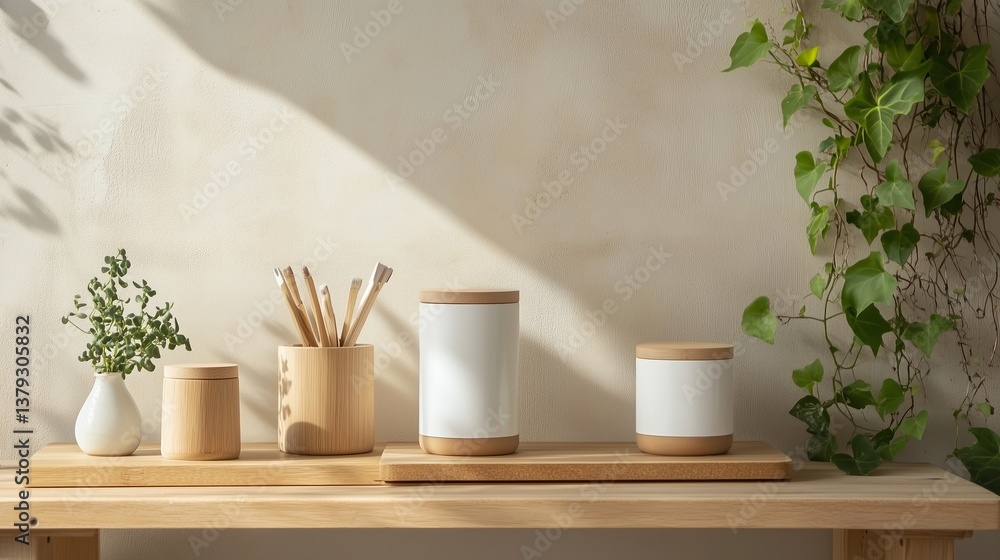 Poster decorative wooden shelf setup with minimalistic containers and fresh greenery on a soft light backgr