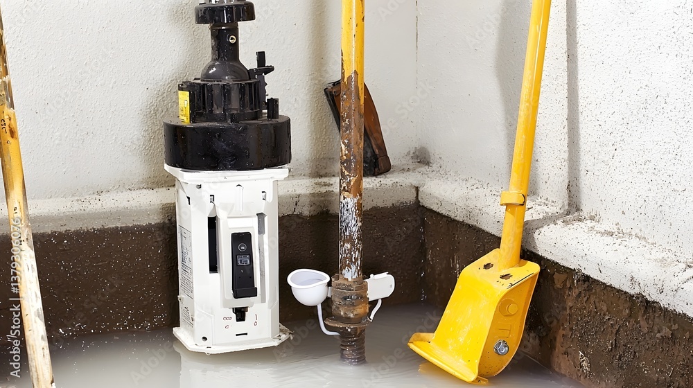 Aufkleber Close up view of a white sump pump with a black float switch mechanism installed in a basement or utility area to help control water drainage and prevent flooding