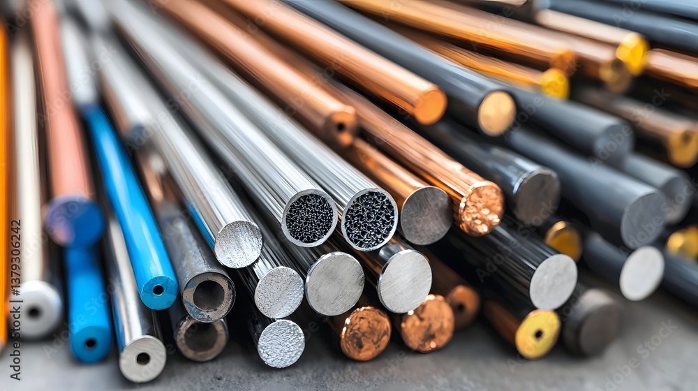Poster Close up view of an assortment of metal rods and wires used as conductors in high voltage electrical transmission and engineering applications