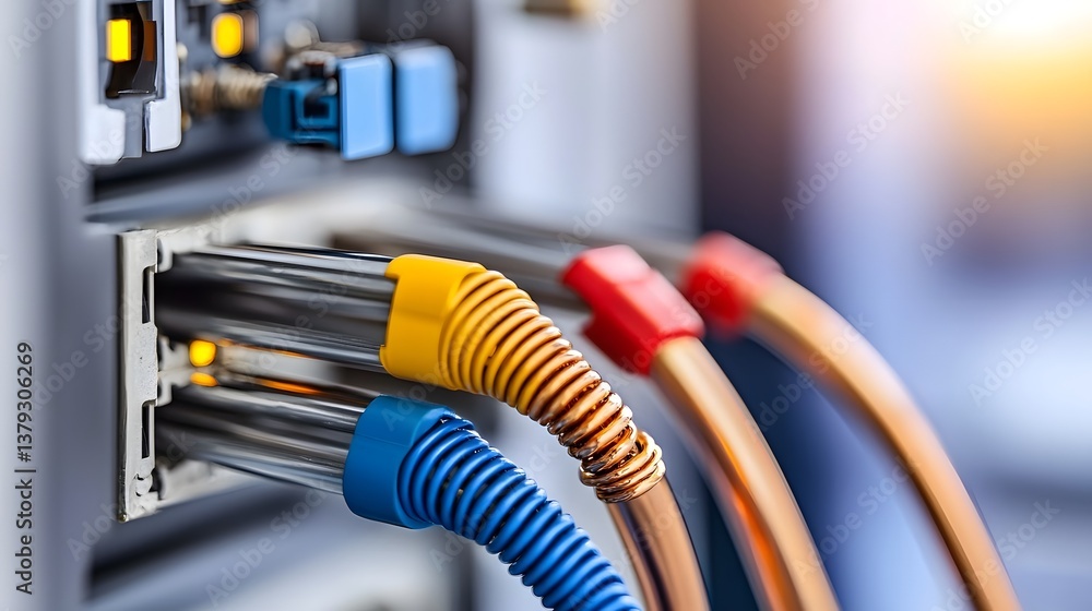 Poster close up view of assorted colored electrical cables and aluminum and copper conductors installed in 