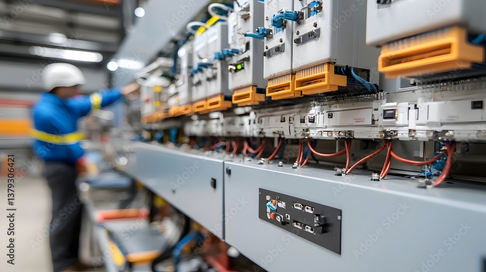 Leinwandbilder Close up view of surge protectors switches and monitoring equipment used for managing high voltage electrical grids and power distribution systems in an industrial setting
