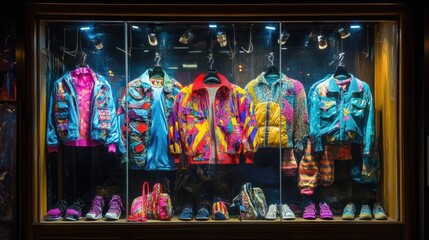 Vintage boutique window showcasing bold 80s-style outfits and colorful patterns with a retro pop feel