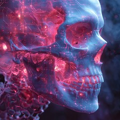 Glowing neon skull wired with circuitry, radiating purple-pink energy. Excellent for cyber-horror, posters, or digital conceptual design