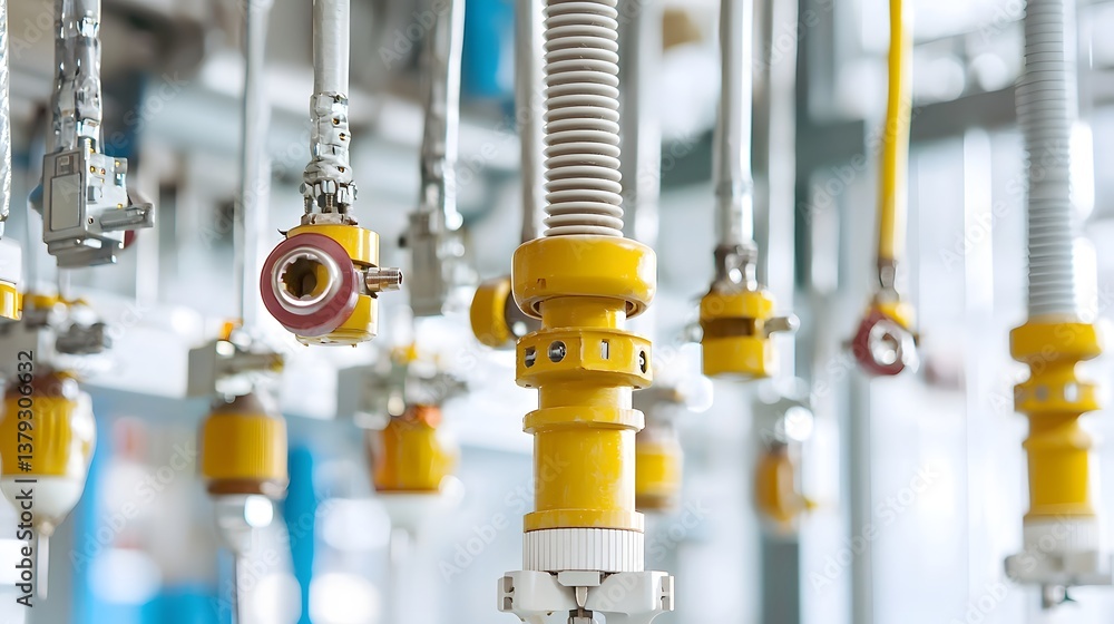 Poster closeup view of various ceramic and polymer insulators used in an electrical power transmission infr