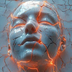 A surreal cracked sculpture of a human face infused with glowing orange neural lines, radiating heat and power. Ideal for sci-fi poster, cover, or conceptual wallpaper