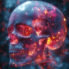 Futuristic human skull with transparent dome and glowing circuitry. Excellent for cybernetic visuals, tech posters, or sci-fi stories