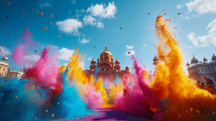 Krishna celebrates Holi with vibrant colors in a modern city setting during the daytime with cultural festivities in the background