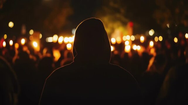 A shadowy figure in a hoodie obscured by a mask stands at the back of a crowd during a nighttime vigil. The flickering glow of candles illuminates faces filled with resolve as they