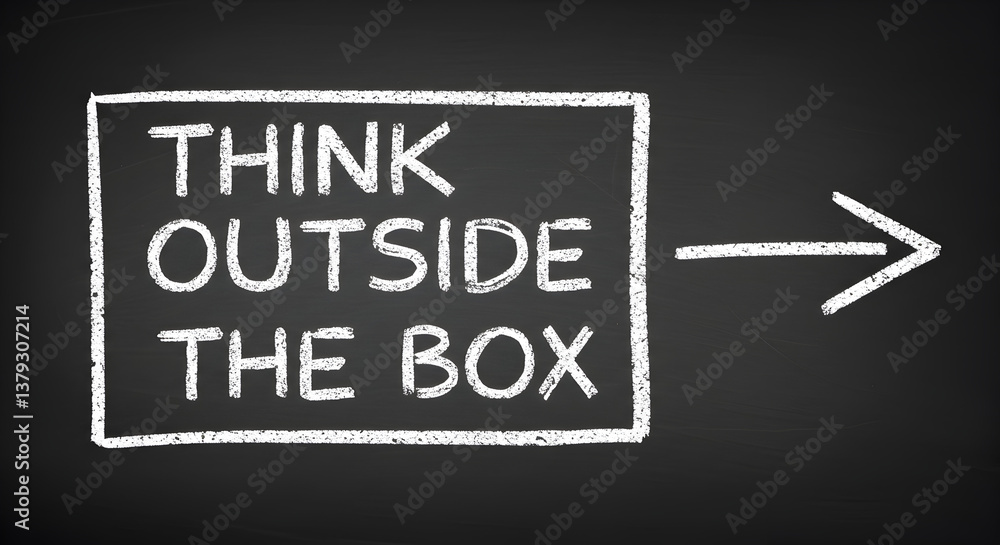 Poster think outside the box text with arrow on black chalkboard background