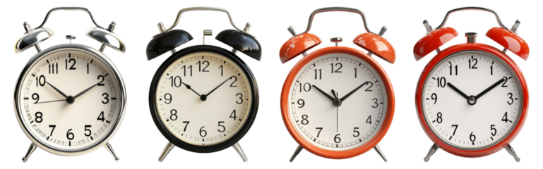 Vintage Alarm Clocks in Four Different Colors and Designs, Isolated on Transparent Background