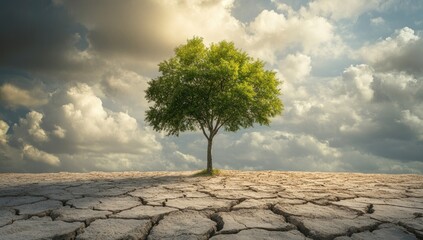 A solitary tree growing strong on a cracked arid landscape under cloudy skies