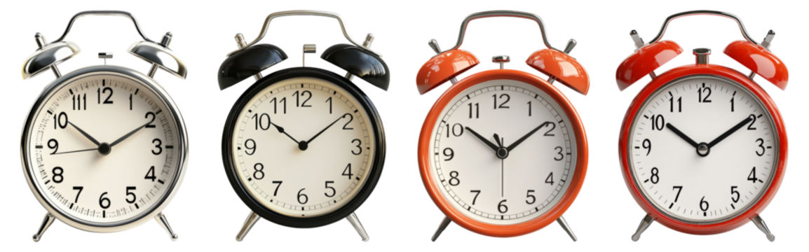 Vintage Alarm Clocks in Four Different Colors and Designs, Isolated on Transparent Background