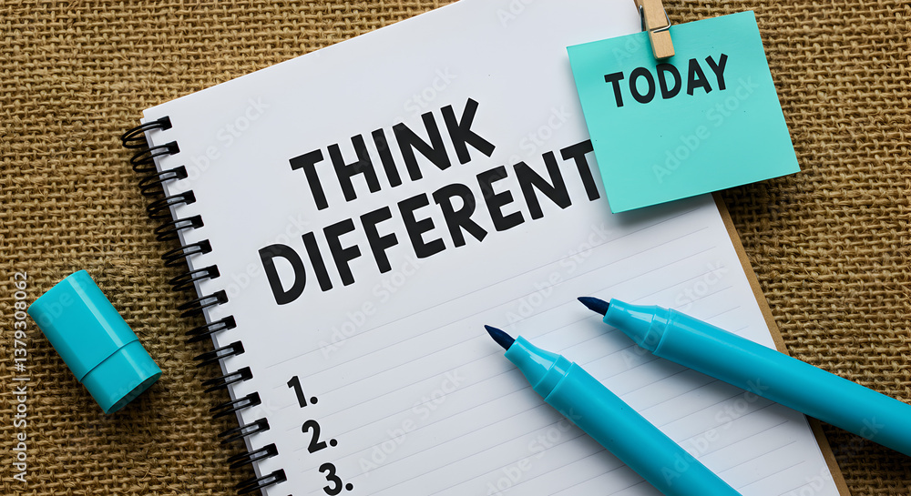 Poster think different message on spiral notebook with turquoise markers and sticky note on textured backgr