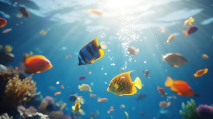 Fototapeta premium A vibrant underwater view of exotic fish swimming gracefully in a clear blue ocean, illuminated by sunlight.