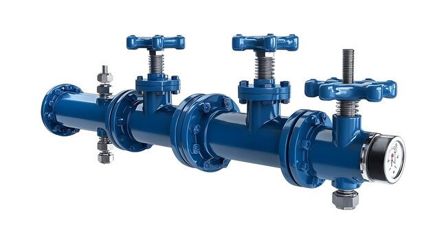 Isolated image of a blue industrial backflow preventer valve used in water supply and distribution systems to prevent the reverse flow of water and maintain water