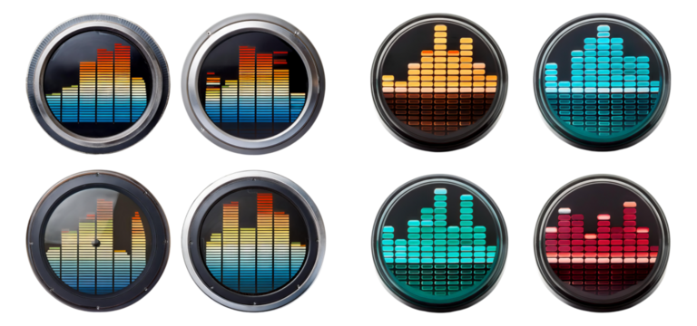 Colorful Audio Equalizers in Round Designs for Music and Sound, Isolated on Transparent Background