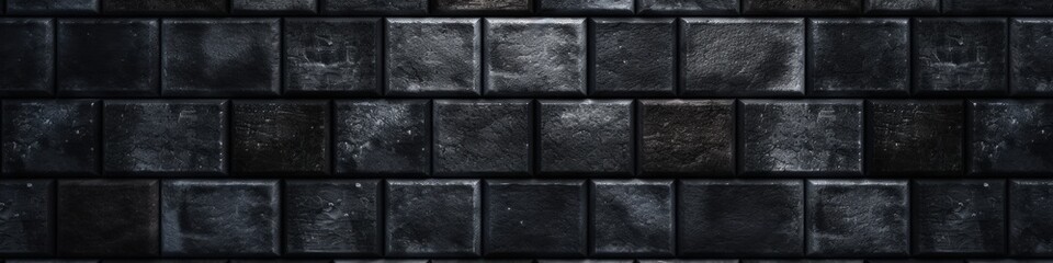 Close-up of dark, textured rectangular tiles forming a pattern against a black backdrop tile pattern