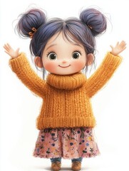 Cheerful Young Girl with Purple Hair Waving in Yellow Sweater and Pink Floral Skirt