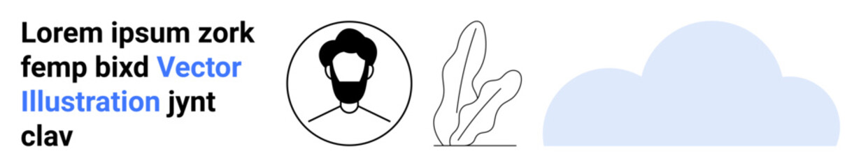 Male avatar icon, abstract plant illustration, and cloud element for web design, profile imagery, branding, nature, technology, social themes, marketing minimalist aesthetics and a simple landing