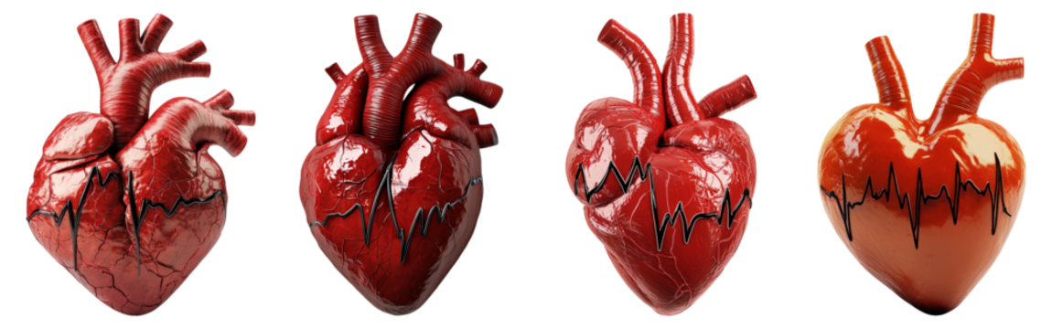 Realistic Human Heart Models with Distinct Features and Colors, Isolated on Transparent Background