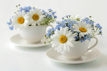 An enchanting arrangement of white daisies and forget-me-nots in small, delicate porcelain cups on saucers. The daisies' large petals exude warmth with their soft hues of pale yellow or baby blue.