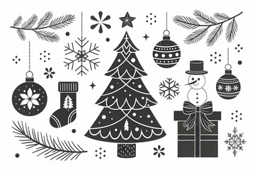  A whimsical hand-drawn set of Christmas design 3,Charming Seamless Pattern with Festive Trees and Ornaments,Modern Christmas card design, festive elements, , blue tones, sleek composition.